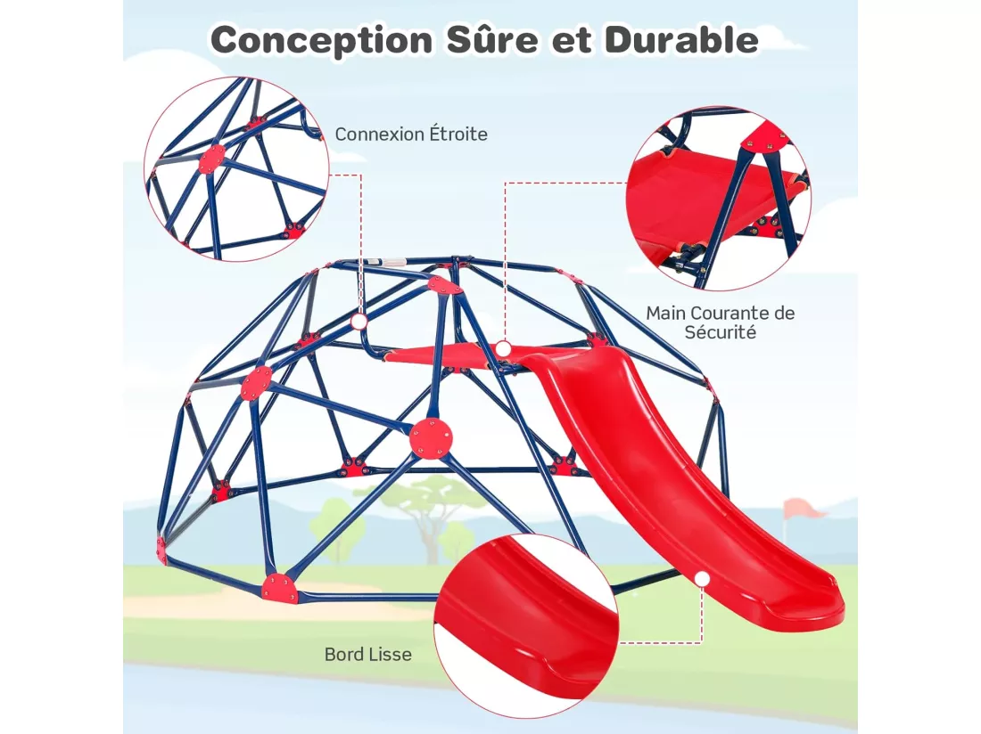 Dôme d'escalade Enfants avec Toboggan, Cage d'escalade avec Coussin en Tissu et velours, Charge 180kg, Aire de Jeux Extérieure et Intérieure pour Garçons et Filles de 3 à 10 Ans (Rouge)
