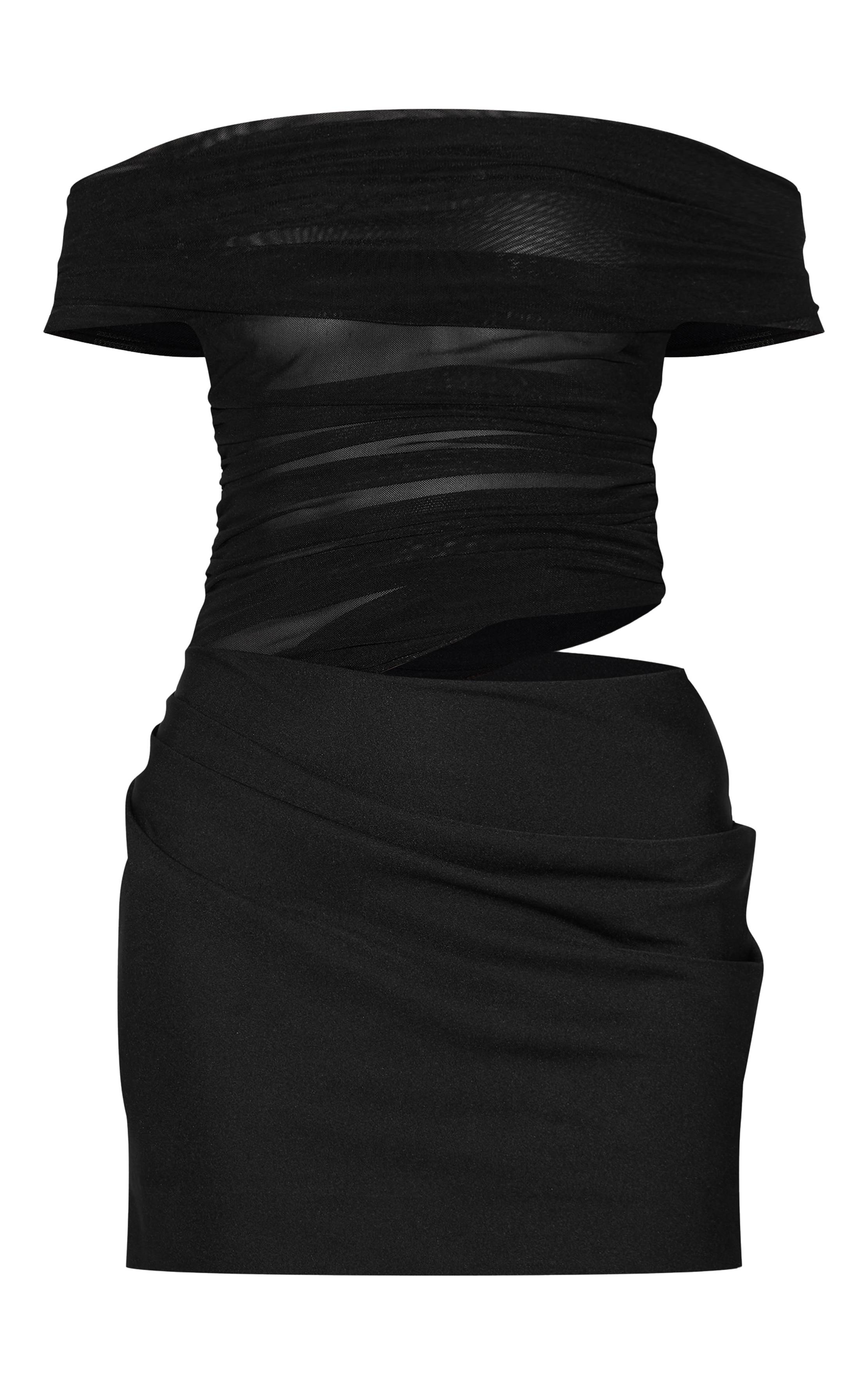 Noir Robe Mini Bardot En Satin Avec Détails En Résille