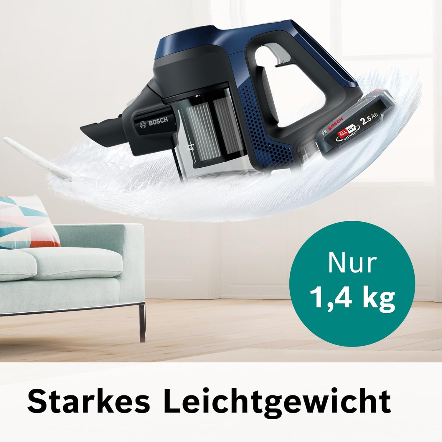 Bosch Akku-Staubsauger Unlimited 6 BBS611PCK, kabelloser Handstaubsauger, beutellos, leicht, Hygiene-Filter, 10 Jahre Motorgarantie, hohe Saugleistung, Lange Laufzeit, alle Bodenarten, blau