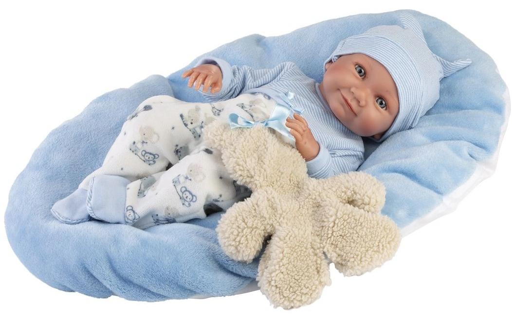 Babypuppe Nico mit Kissen Blau 40 cmNew Born Puppe mit weichem Stoffkörper