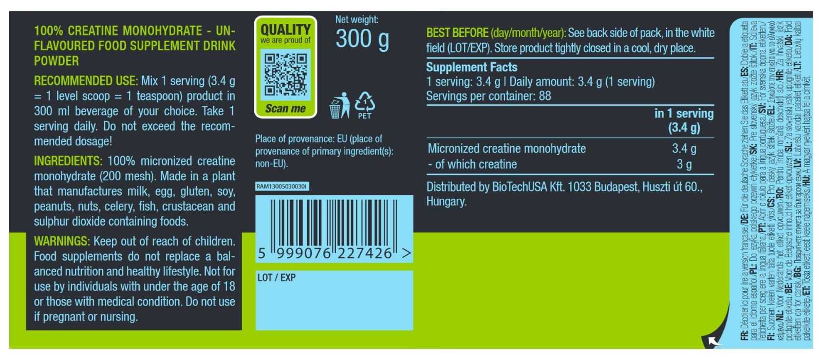 Creatina Monohidratada 100% Biotech USA 300g