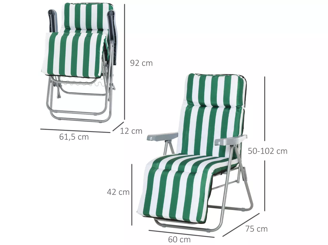 Lot de 2 chaise longue bain de soleil adjustable pliable transat lit de jardin en acier vert + blanc