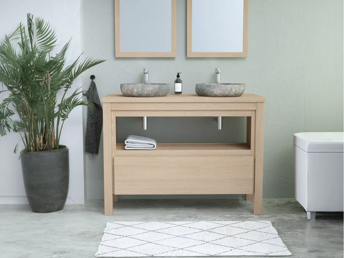 Meuble de salle de bain avec vasque à poser en pierre - Placage chêne - 120 cm - COSMOTI