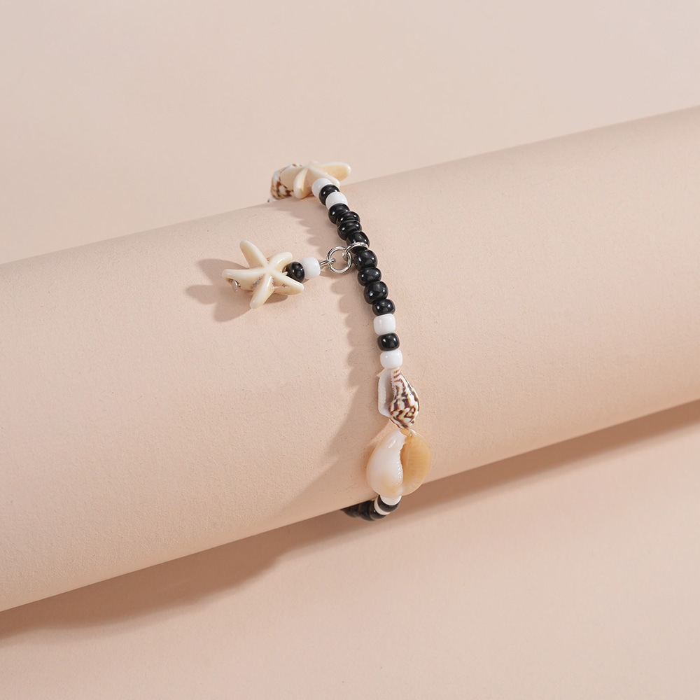 (210-280mm) Perlen Fusskette Muschel Modeschmuck Sommer Anklet Boho Fuss Kettchen mit Seestern Anhänger - Schwarz / Beige