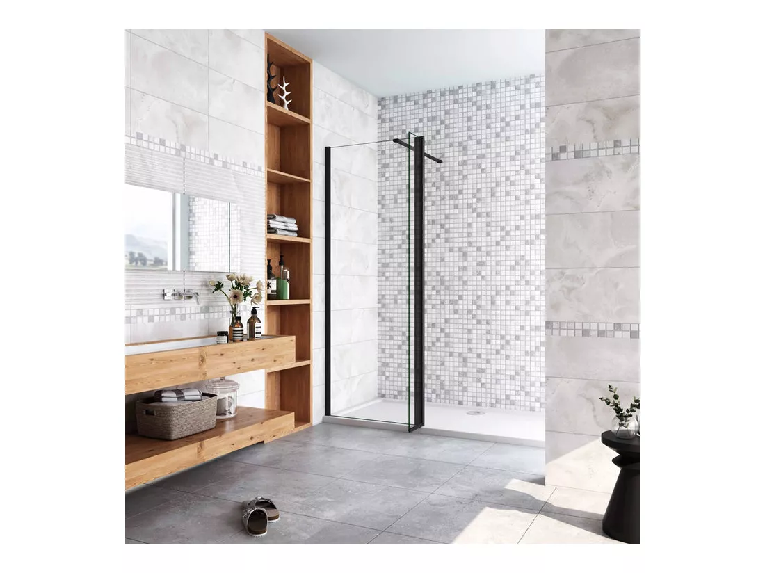 Paroi de douche à l'italienne avec retour pivotant 90+40x200cm avec barre de fixation 90cm recoupable - Noir Mat - 8mm verre anticalcaire