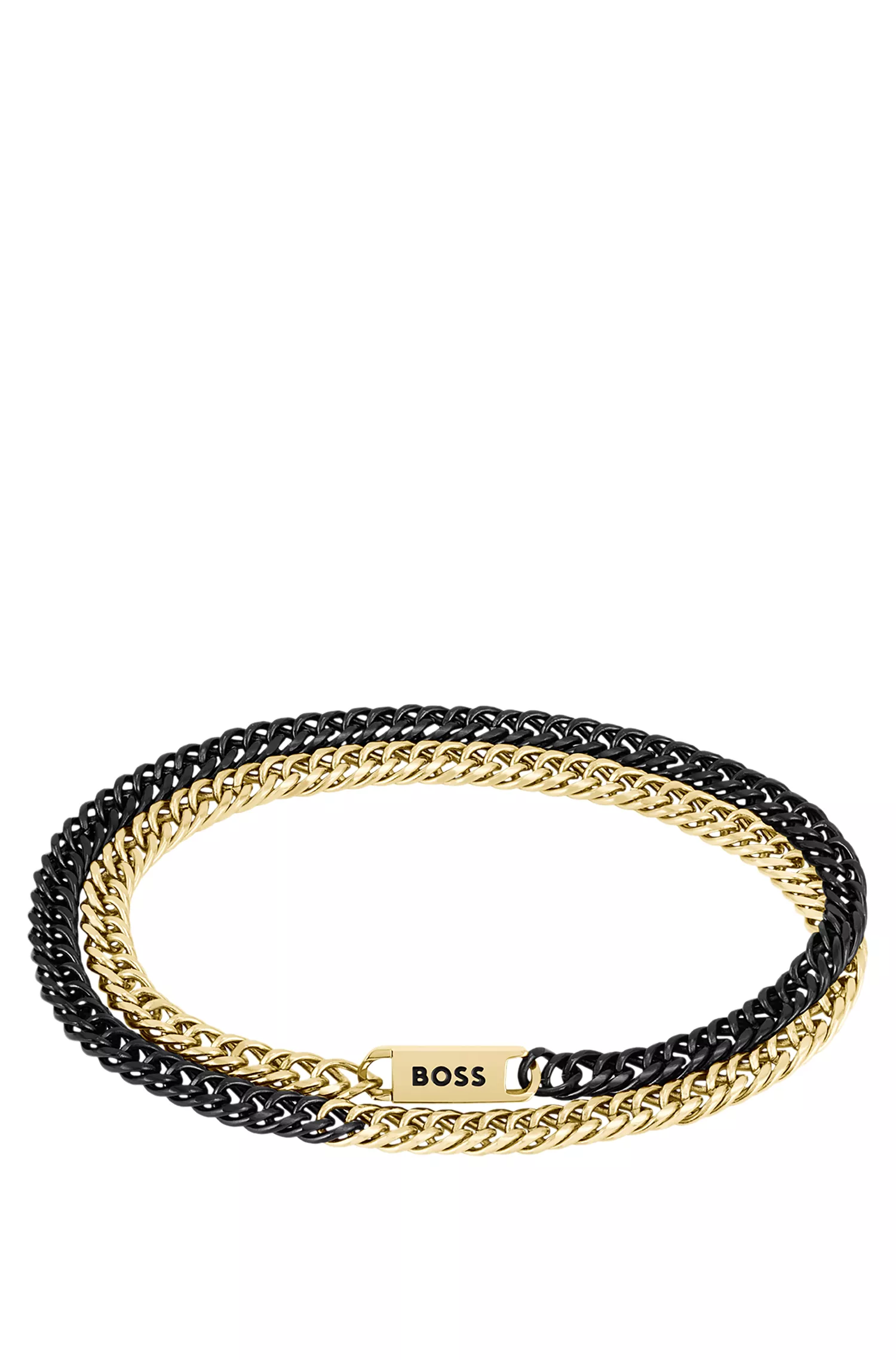 Bracelete BOSS laranja com corrente de volta dupla em tons de preto e dourado.