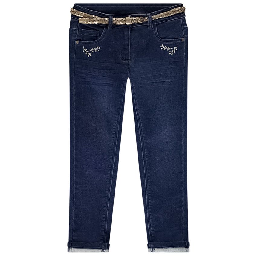 Jean slim brodé + ceinture pailletée pour fille - Bleu