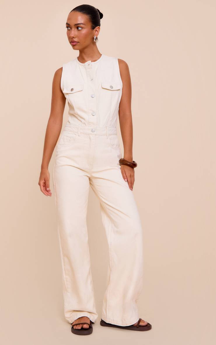 Ecru Combinaison En Denim Écru Style Chemise Sans Manches