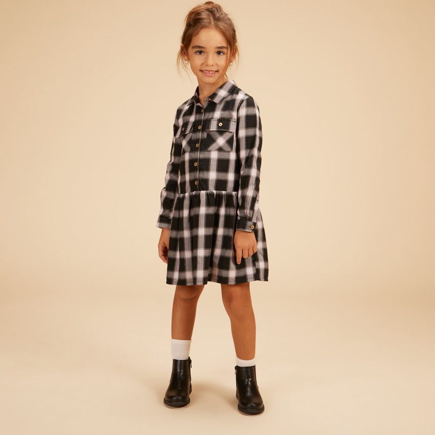 Robe chemise à carreaux en voile pour fille - Gris foncé