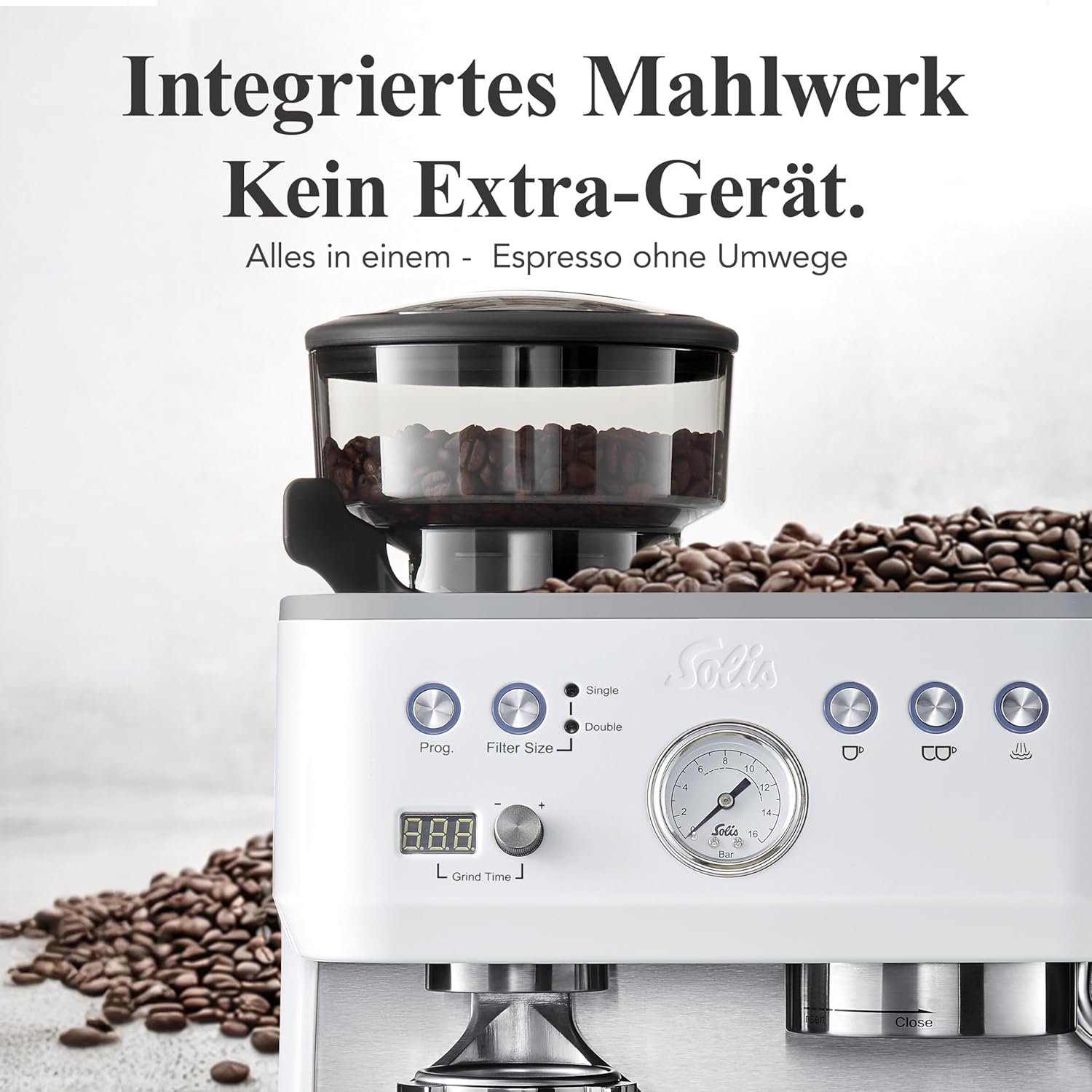 Solis Grind & Infuse Perfetta 1019 Siebträgermaschine - Kaffeemaschine mit Mahlwerk - Integrierte Zero Static Kaffeemühle - Espressomaschine mit Dampf- und Heißwasserfunktion - Edelstahl