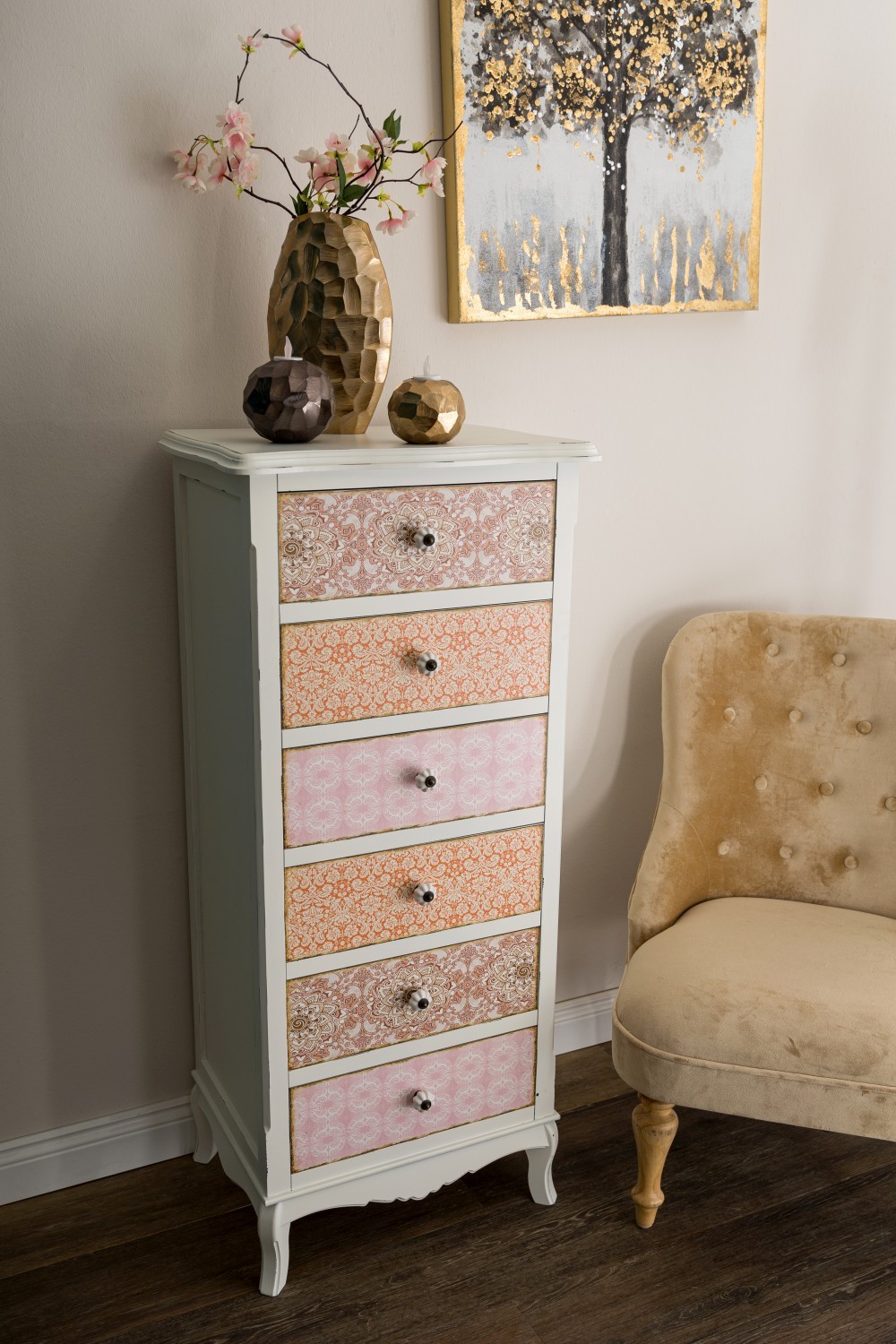 Kommode Paisley - shabby chic - weiß-bunt - mit 6 Schubladen