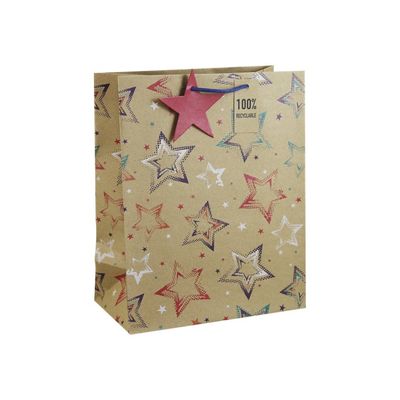 Clairefontaine - Sac cadeau kraft - étoiles multicolore - 26,5 cm x 14 cm x 33 cm