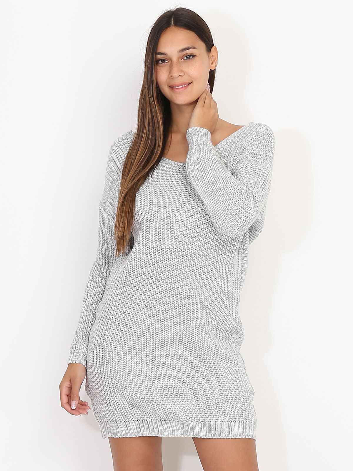 Robe pull dos torsadé- Gris clair