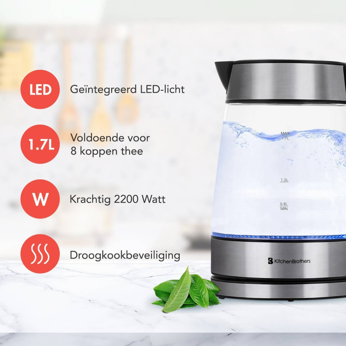 KitchenBrothers Glazen Waterkoker 1.7L - RVS