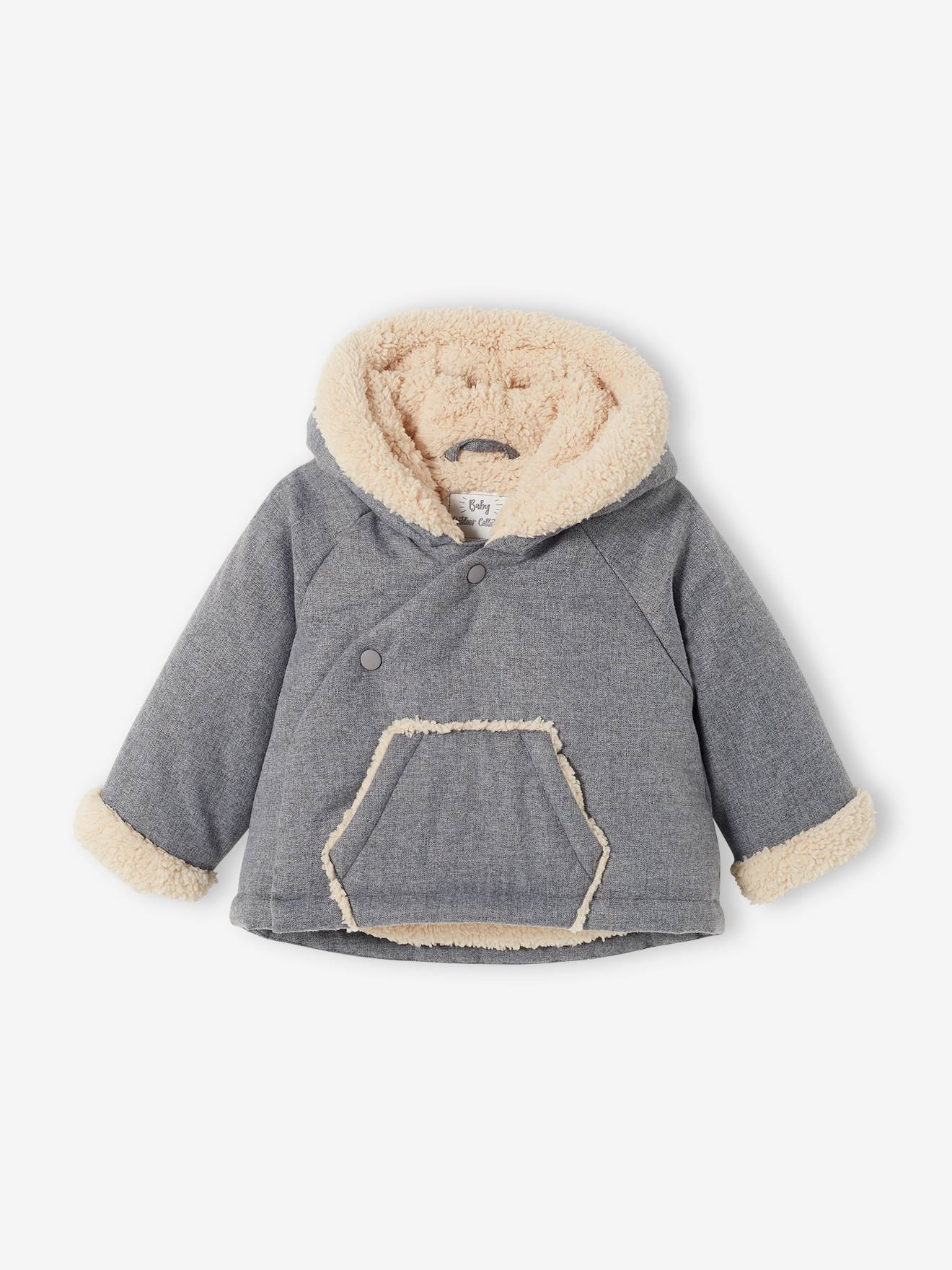 Jaqueta acolchoada assimétrica com capuz para bebê, lisa, cinza médio