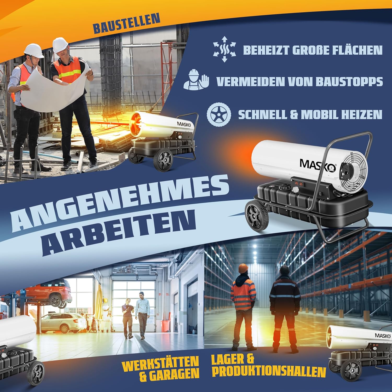 MASKO® Heizkanone 30kW Diesel Bautrockner Bauheizer Heißluftgenerator Heizgebläse 38L Tank mit Thermostat Ölheizer Luftstrom 750m³/h/Stunde Ölbeheizung Heizlüfter Heizstrahler Weiß