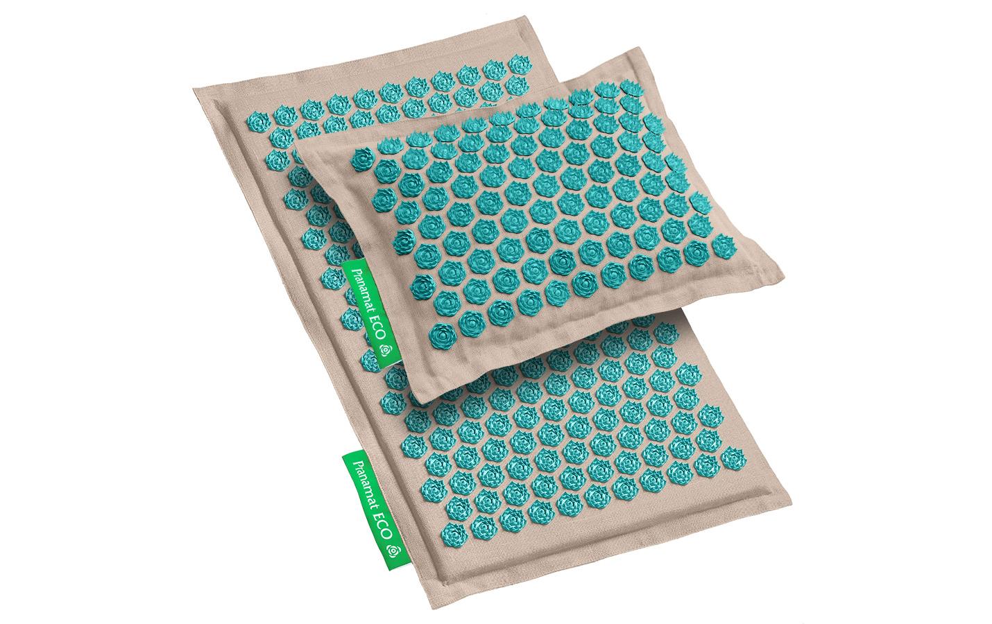Eco Massage Set – Matte und Kissen türkis<br>Nahhaltiges, handgefertigtes Rücken- und Kopfmassage Set