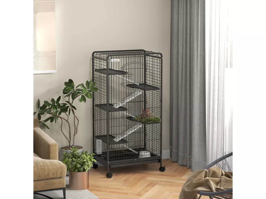 Cage pour petits animaux roulante 5 rampes 5 plateformes gamelle distributeur eau plateau amovible métal PP noir