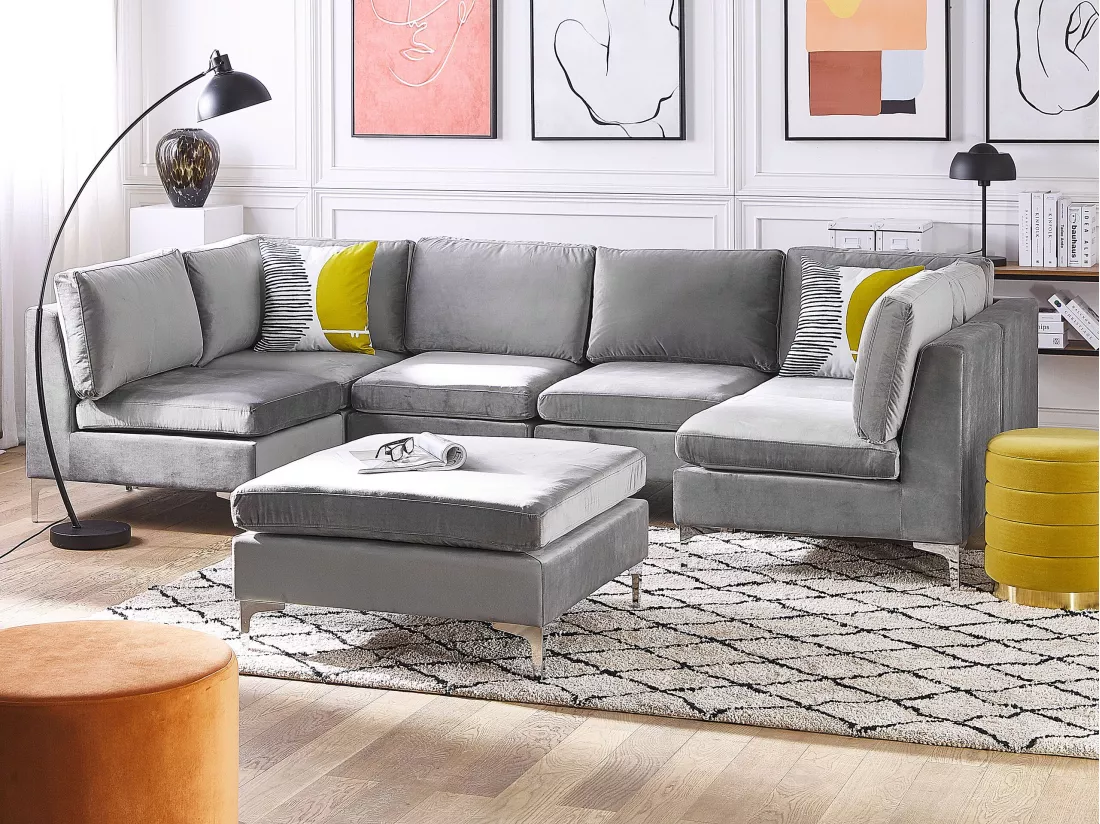 Canapé panoramique modulable en velours gris 6 places avec pouf EVJA