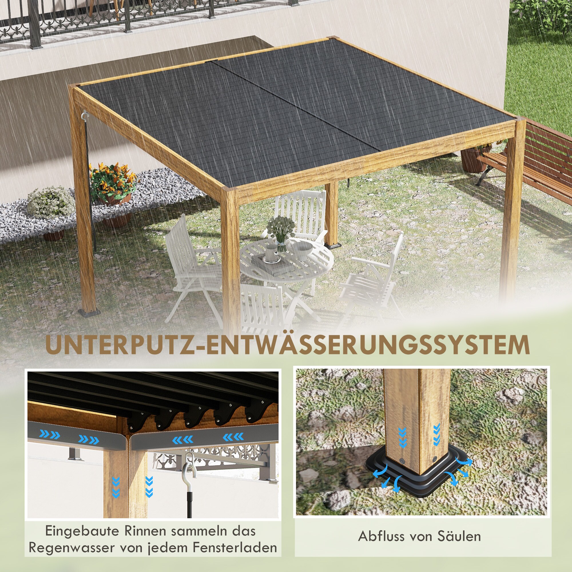 Outsunny Pergola mit 2 individuell einstellbaren Lamellendachbereichen natur 297L x 297B x 228Hcm