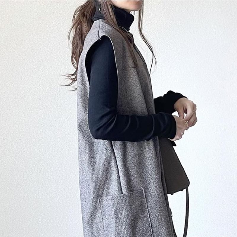 YARU - Set: Lange mouwen coltrui effen gebreide top + V-hals midi overall jurk