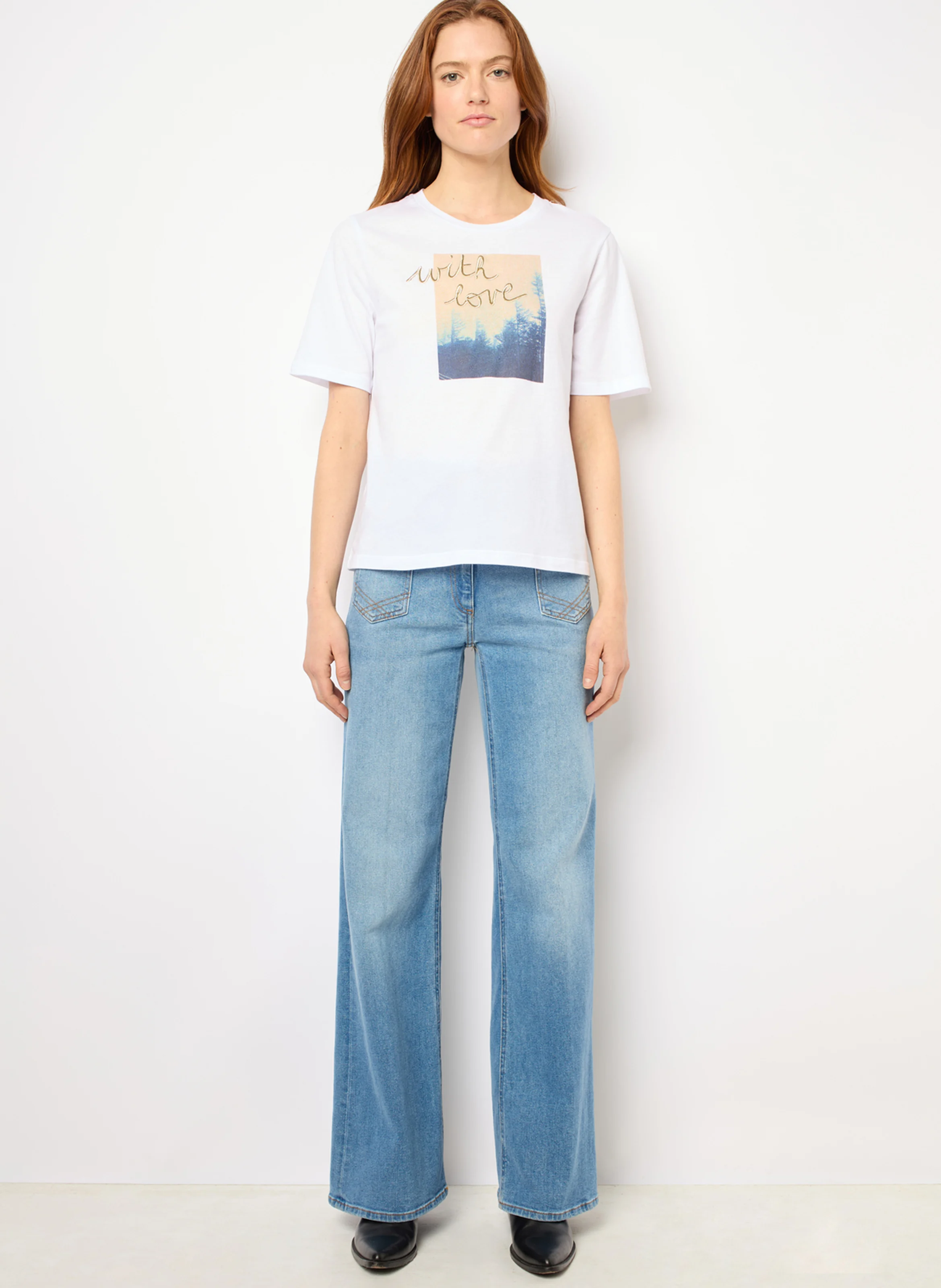 AMBRE - Tee-shirt col rond droit en coton sérigraphié | Blanc