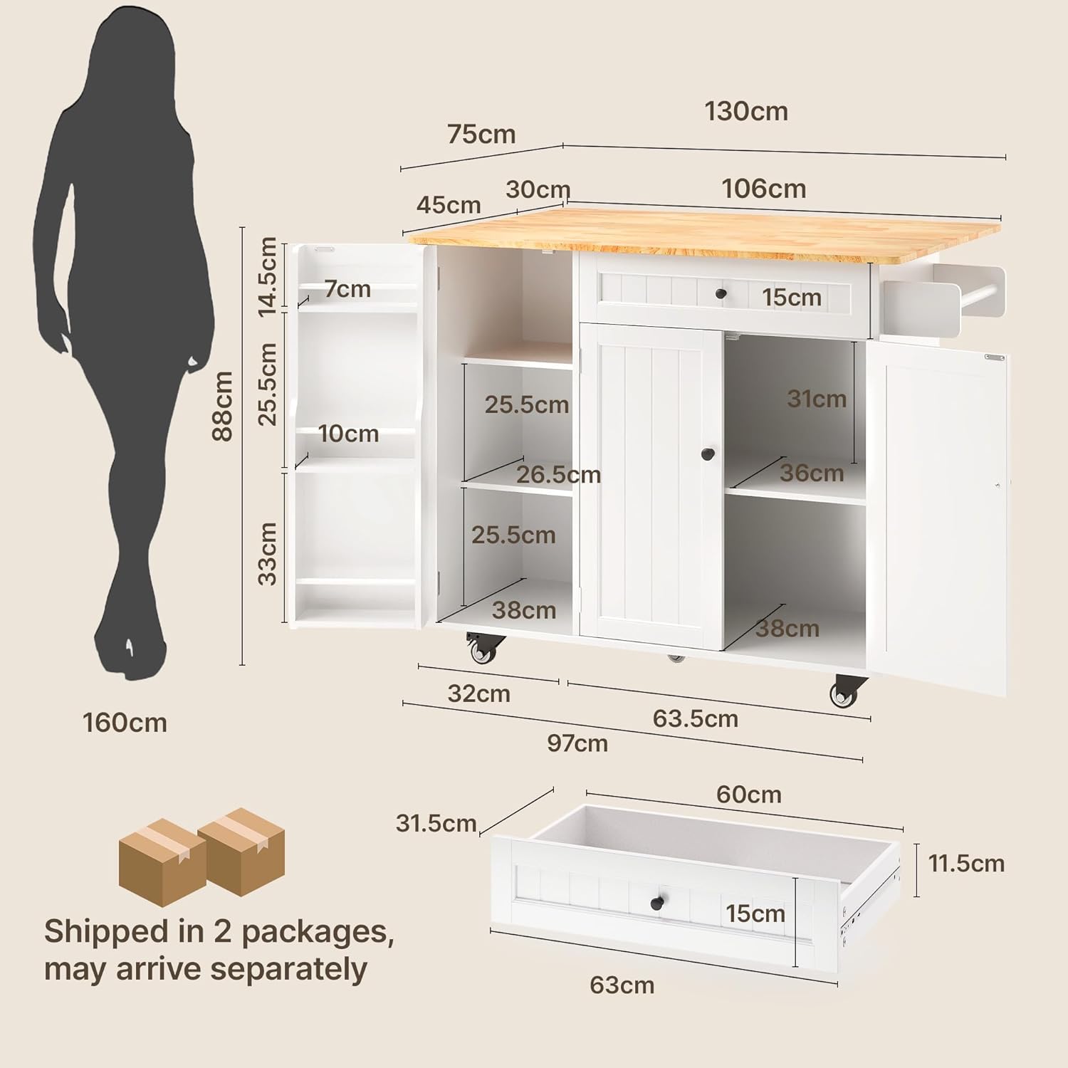 Xbro Kücheninsel auf Rollen, Küchenwagen auf 5 Rädern mit Ablage und 1 Schublade, für Küche und Esszimmer, 130 × 75 × 88 cm, Weiß