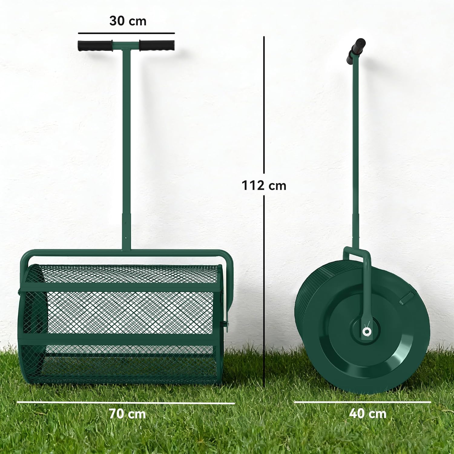 Outsunny Kompoststreuer, 24-Zoll-Torfmoosstreuer mit höhenverstellbarem T-förmigem Griff und Metallgitterkorb, Gartenstreuer zum Säen, Ausbringen von Dünger, Grün