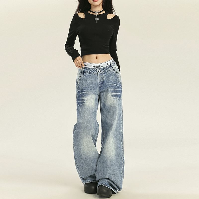 Denimot - Mid Rise Washed Wide Leg Jeans (diverse designs)