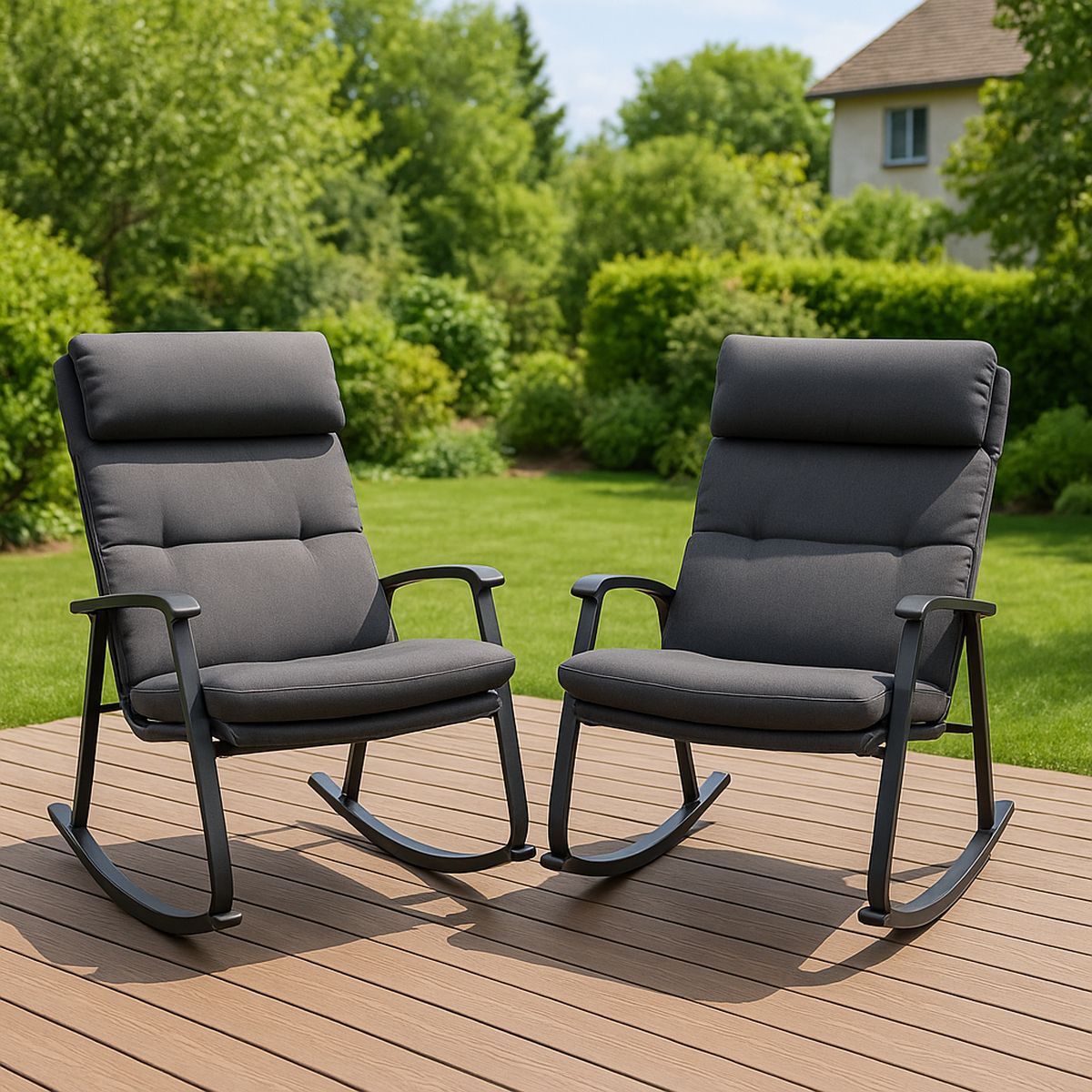 2er Set Schaukelstühle aus Metall, dunkelgrau, mit Kissen