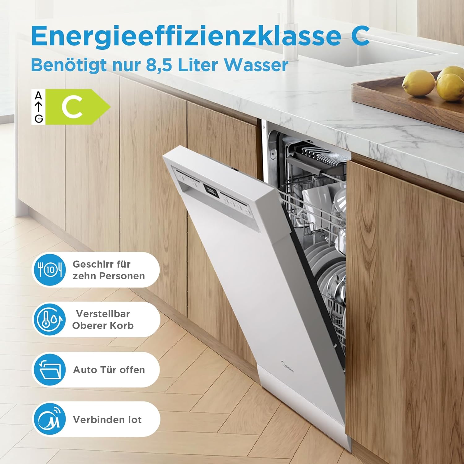 Midea SF 5.45NW10C Geschirrspüler 45cm Freistehend & Unterbaufähig, 10 Maßgedecke, 7 Programme, Spülmaschine 45 cm mit WIFI, 44 db, Startverzögerung, Automatische Türöffnung, 63 kWh/100 Zyklen, Weiß