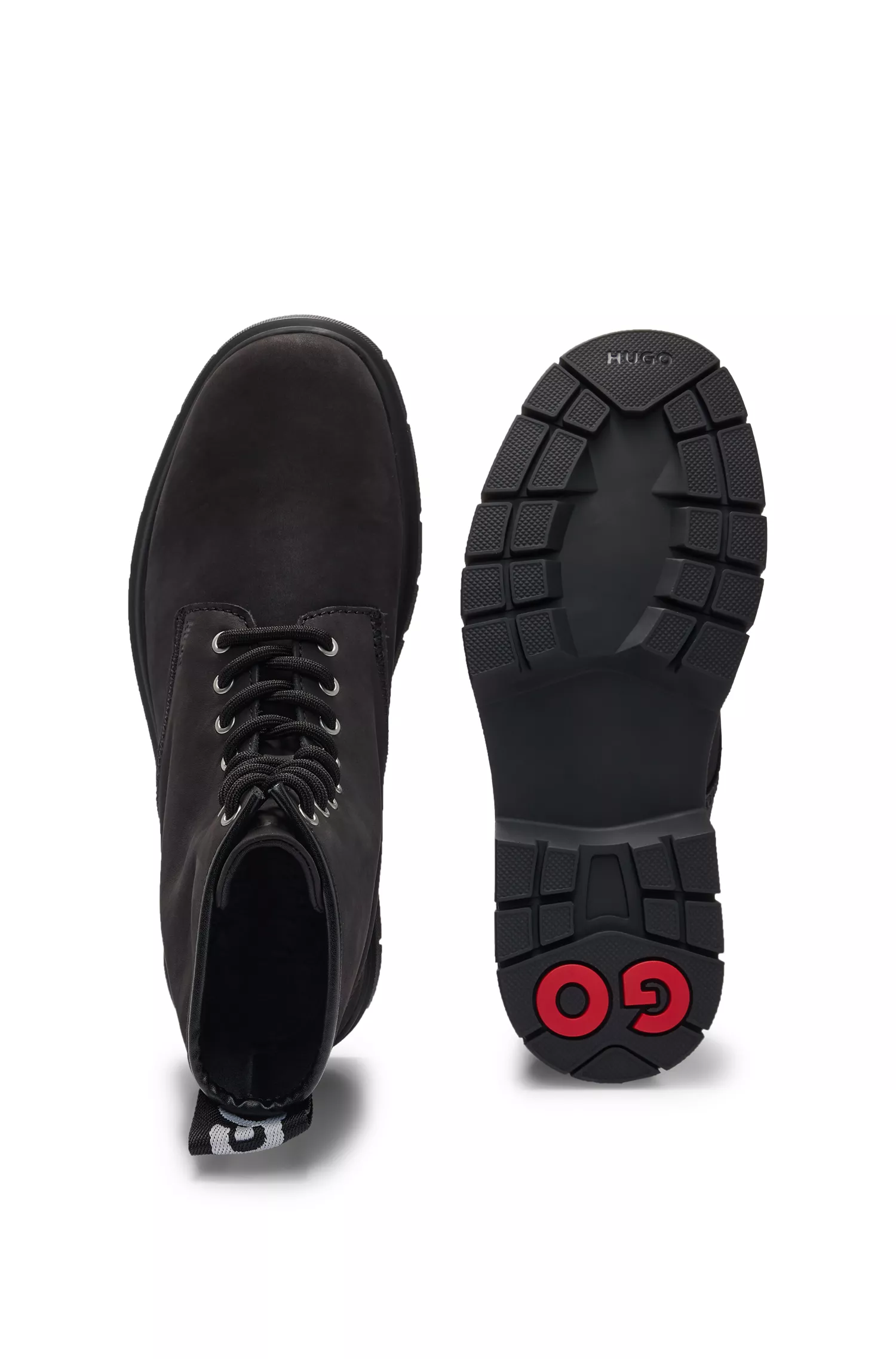 Botas HUGO de couro nobuck vermelho com cadarço e fita com o logotipo.