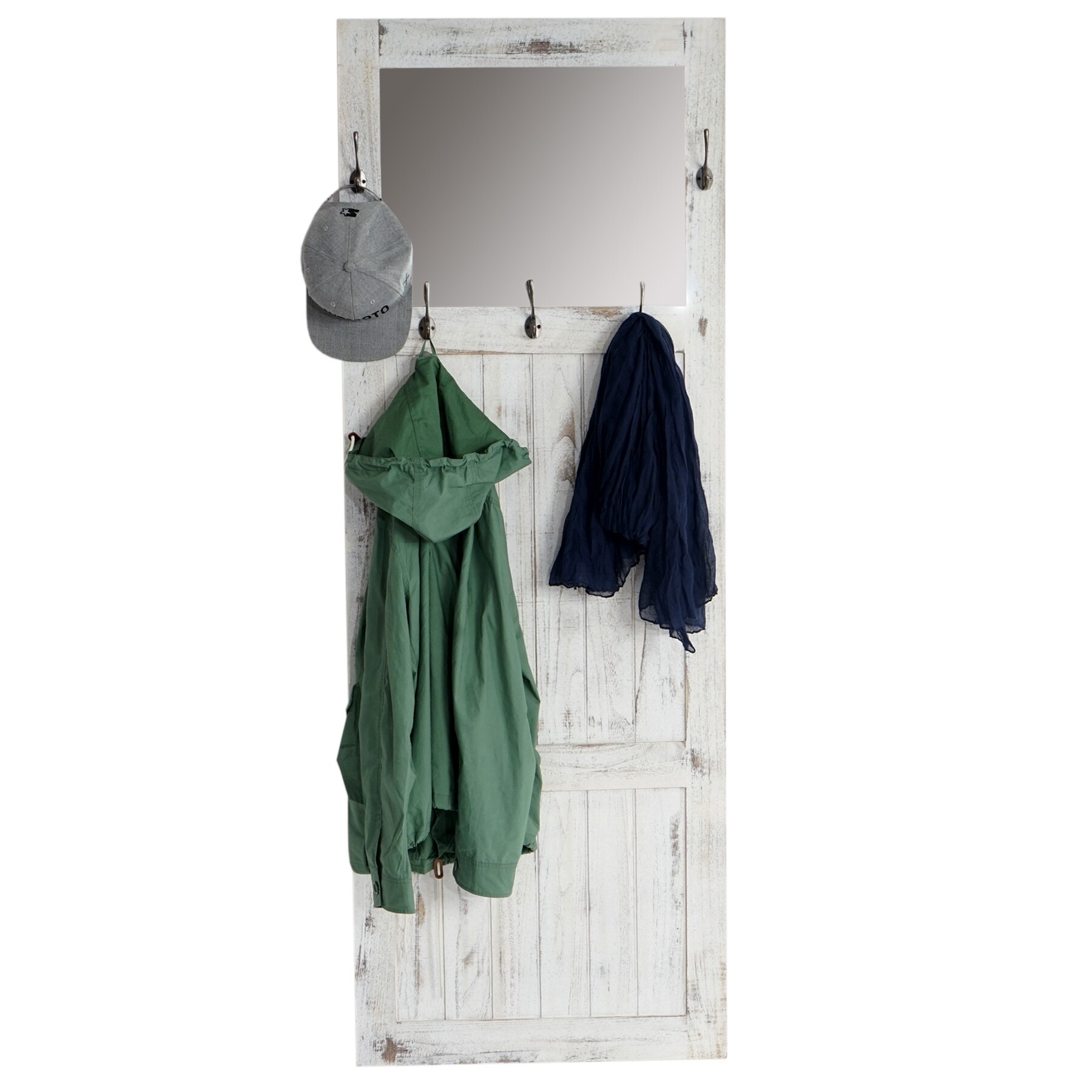 Garderobe Wandgarderobe mit Spiegel Wandhaken 180x65x7cm, Shabby-Look, Vintage ~ weiß