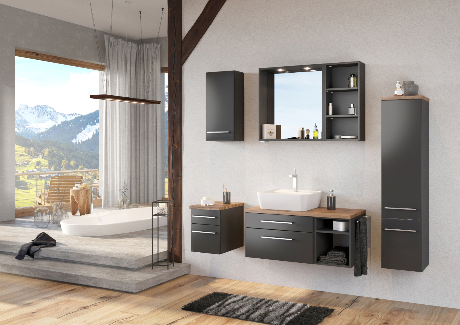 Midischrank DAVOS - grau - Wotaneiche - 30 cm breit