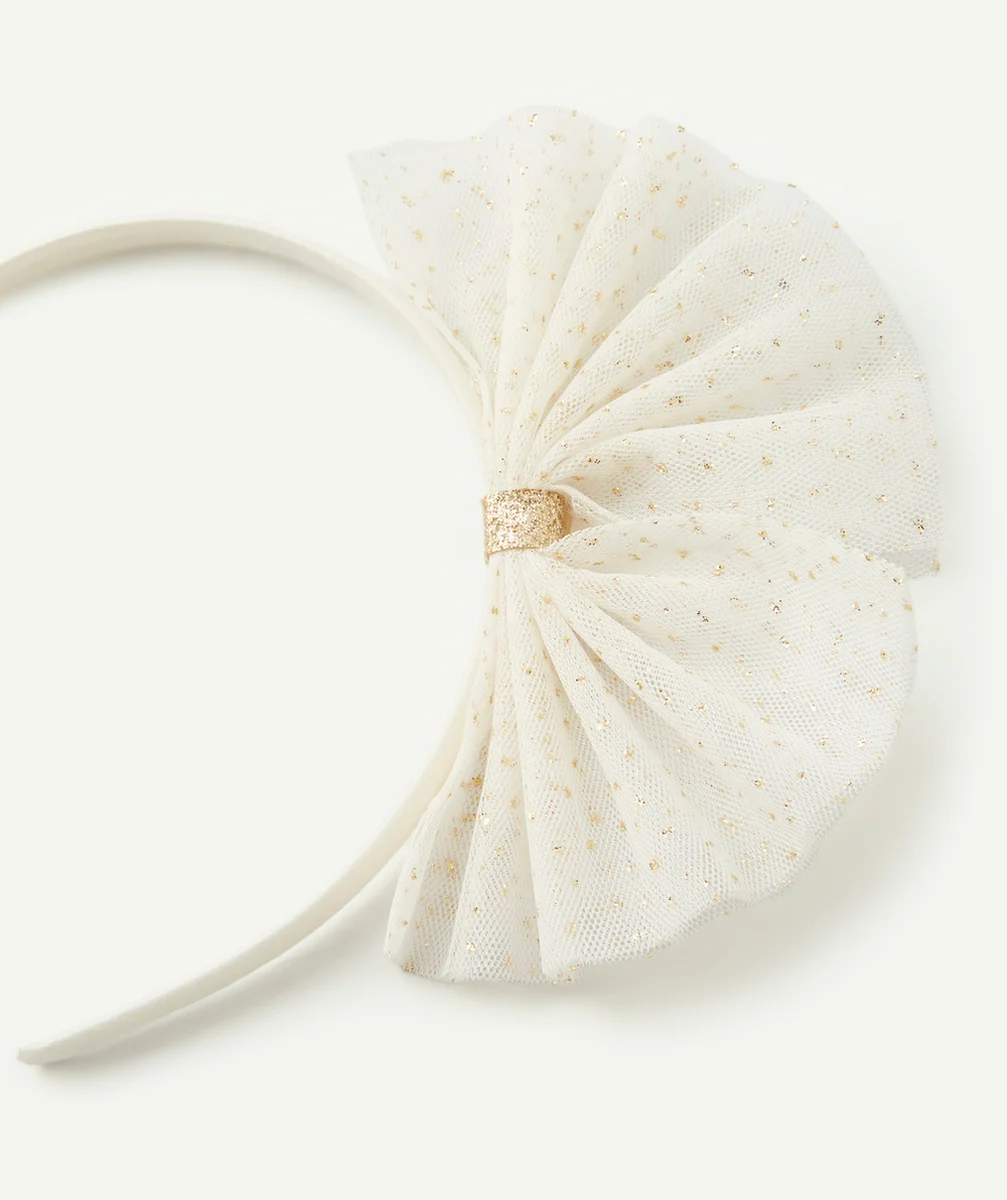 LE SERRE TÊTE BLANC AVEC NOEUD EN TULLE BLANC ET COULEUR DORÉE FILLE