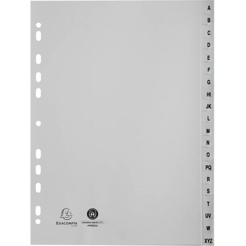 Intercalaires imprimés alphabétiques PP recyclé - AZ 20 positions - A4 - Gris