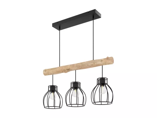 Suspension 3 lampes en bois d'eucalyptus et métal noir - Abby