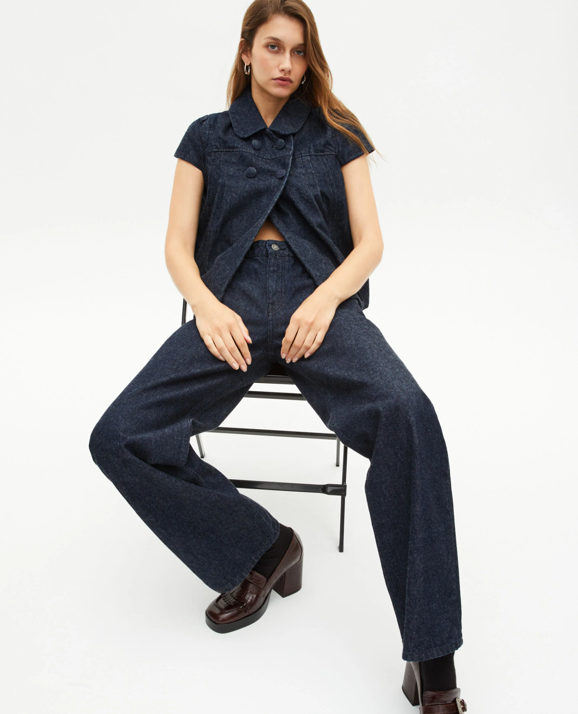 Blouson manches courtes en denim bleu foncé