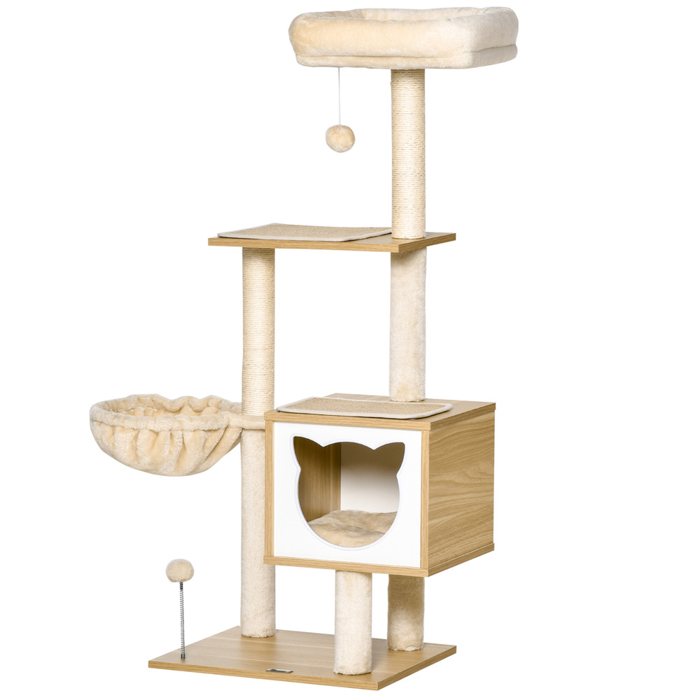 Arbre à chat multi-équipement griffoirs grattoirs niche hamac panier coussins amovibles h126 cm peluche courte sisal naturel beige