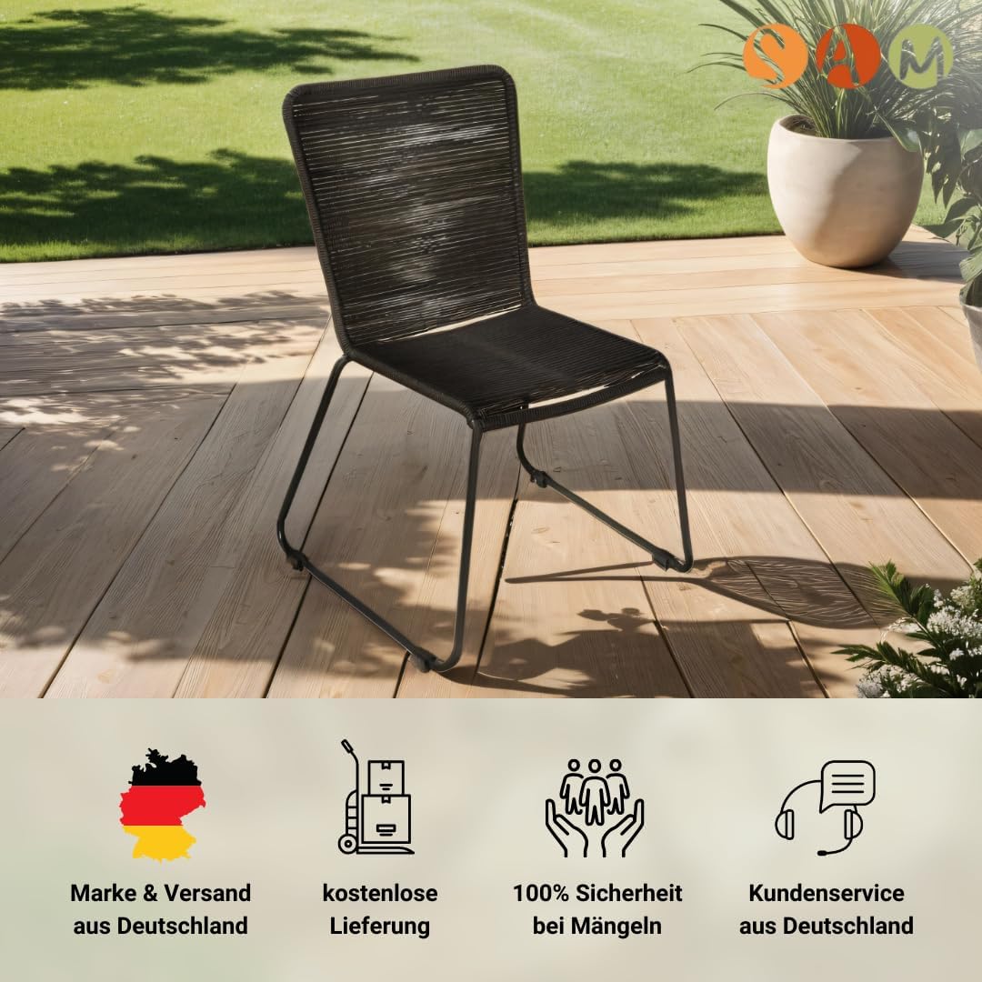 Loreno 6er Set Outdoor Seilstuhl ISRA – Stapelbare Gartenstühle mit Grauer Seilbespannung aus Polyester & schwarzem Eisen-Gestell – Modernes Rope Chair Design für Garten, Balkon & Terrasse, Schwarz