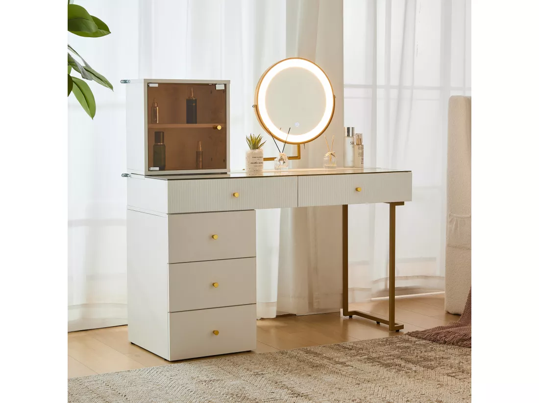 Coiffeuse avec miroir, 5 tiroirs et une porte en verre - 120 x 45 x 115 cm - Panneau de particules - LEDs - Blanc (sans tabouret)