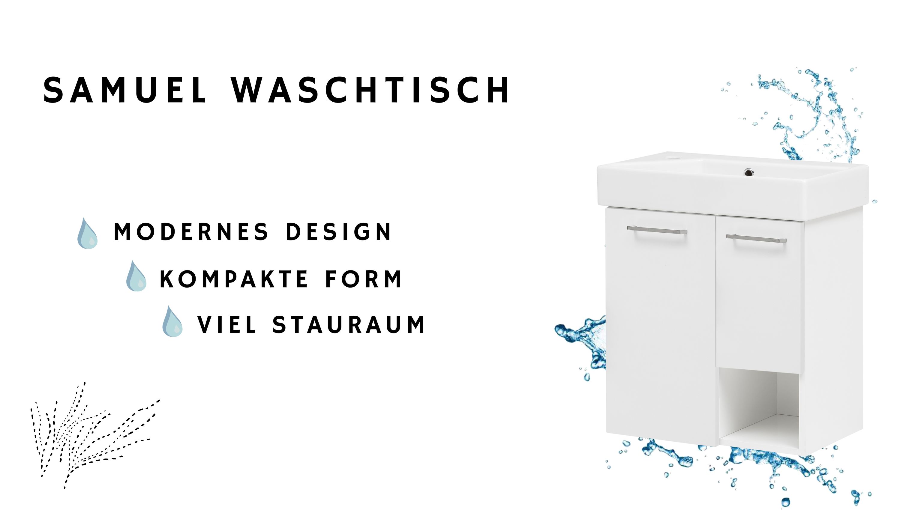 Badmöbel Waschtisch Gäste WC mit 2 Schranktüren und Metallgriff Weiß