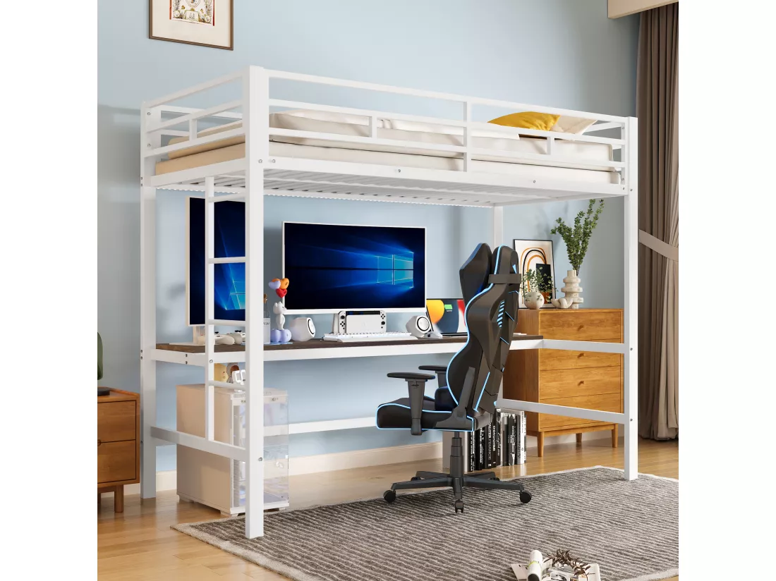 Lit mezzanine garde-corps et escabeau - 90 x 200 cm - avec USB et table - LED - sans matelas - métal - white