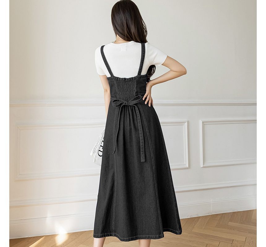 Hanji - Spaghettiband denim overall midi A-lijn jurk