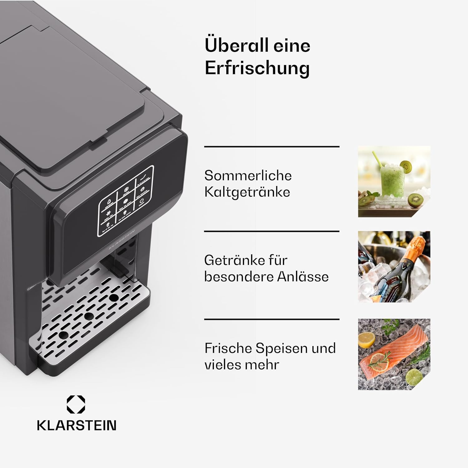 Klarstein ArcticBlend 3in1 Eiswürfelmaschine – 20 kg/24 h, Kugeleis & Crushed Ice, Wasserspender, 6-Liter-Wassertank, Edelstahl, Eiswürfelbereiter, Ice Maker, Dunkelgrau