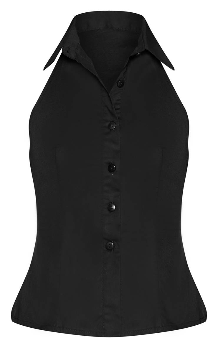 Noir Gilet Sans Manches Col Chemise À Boutons En Popeline Ensemble Coordonné