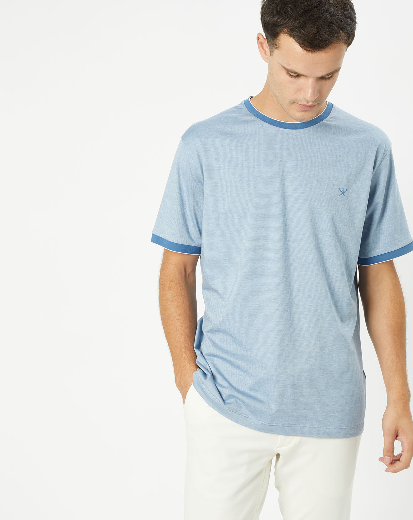 Hackett London T-Shirt fil à fil micro rayure bleu
