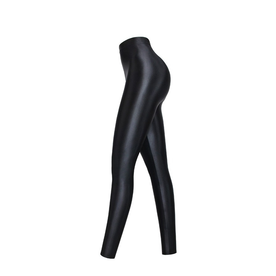 (Gr. S) Glänzende High Waist Leggings Elastische Stretch Hosen - Schwarz