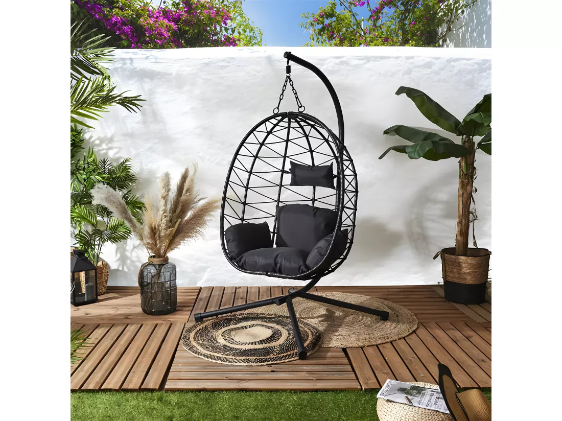 MALOA - Fauteuil Suspendu en Rotin Synthétique avec Pied Métal Noir