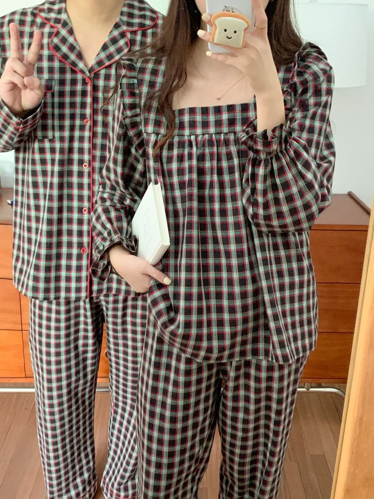 Tanee - Koppel bijpassende pyjamatop met pofmouwen en ruches, geruit, top, shirt, broek en set